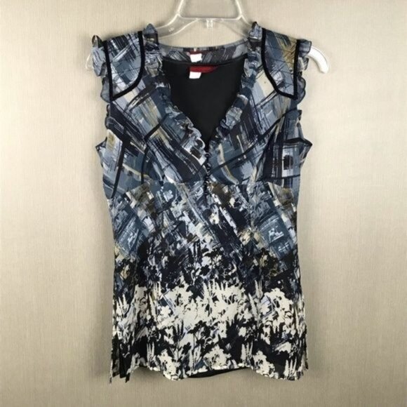 Tapemeasure Womens Abstract Print Ruffle Sleeveless Blouse Size 4 Black/White/Bl - Picture 2 of 9